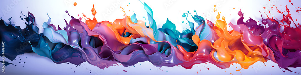 Poster dynamic color splash. a widescreen display of energetic paint splashes in a seamless wave, ideal for