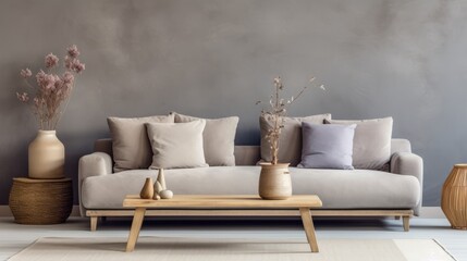 Modern minimalist living room interior design with sofa, coffee table, vase, and dried flowers - obrazy, fototapety, plakaty