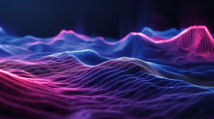 a light train flowing in the mountains, in the style of radiant neon patterns, photo-realistic landscapes, light indigo and magenta, desertwave, light silver and blue, rollerwave, luminous sfumato