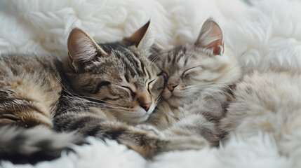 cats cuddling in bed with eyes closed