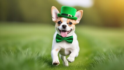 A cute dog in a green hat and a green butterfly runs across the field, the concept of St. Patrick's Day
