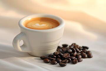 Obraz premium Cappuccino in a white cup with coffee beans