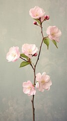 A branch of delicate pink cherry blossoms against a pale blue background