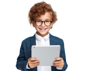 Happy smart young boy holding a tablet, cut out