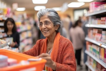 Smiling elderly white-haired Indian woman with glasses buys medicines in a modern pharmacy - obrazy, fototapety, plakaty