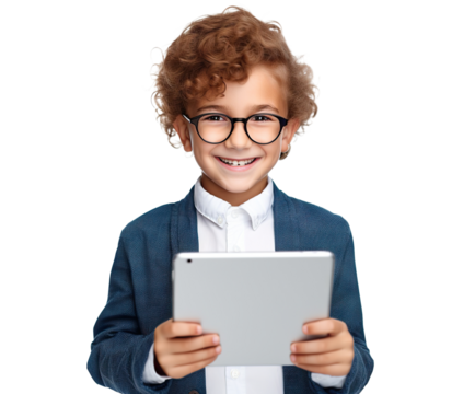 Happy smart young boy holding a tablet, cut out