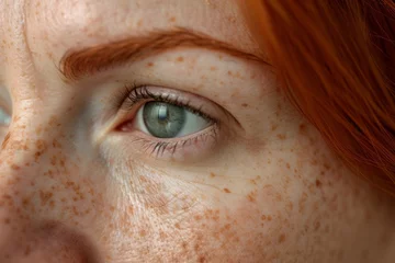 Stoff pro Meter Close up portrait of a young caucasian woman with freckles and green eyes © Molostock