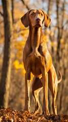 Vizsla dog standing in the middle of a forest with fallen leaves