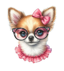 cute chihuahua dog in a pink scarf and fashionable glasses, graphic resources with a transparent background, watercolor drawing