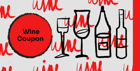 Isolated vector set of wine and alcoholic beverage glasses and tumblers. Wine coupon. Hand drawn sketch. Red and black drawing on white background.	