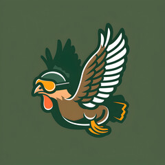 A logo illustration of a flying turkey with aviator goggles on green background.