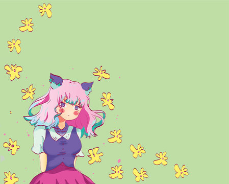 chica de pelo rosado con fondo verde y flores amarillas