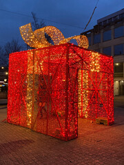 Amsterdam, Netherlands, Europe. Giant red lit gift box