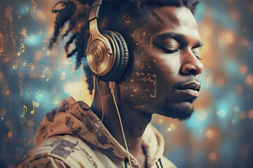 Young man listening to music or meditation on headphones, closing his eyes and meditating