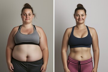 Side-by-side comparison of a woman before and after significant weight loss.
