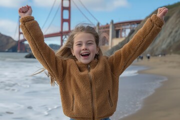 A girl poses standing in front of the iconic Golden Gate Bridge in San Francisco.