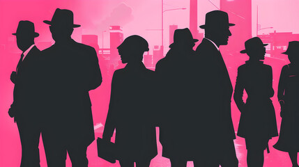Cover of detective novels,TV Variety program posters,A group of people, Suspenseful style, in the style of japanese minimalism, in the style of booru, silhouette figures, Black, white, and magenta,hap