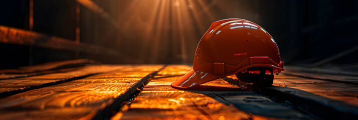 A vivid orange hard hat sitting atop a construction blueprint, symbolizing safety and planning for construction projects. Safety helmet on the wooden floor in construction site with sun light. - obrazy, fototapety, plakaty
