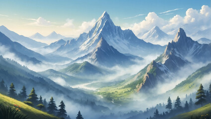 Majestic mountain range covered in morning mist—an enchanting nature scenery illustration evoking a sense of freshness and relaxation.