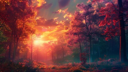 A painting of an colorful forest at sunset, balance and harmony, earthy color palettes, ultra detailed.