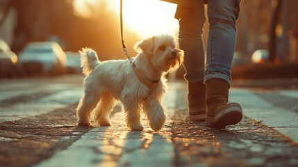 a person walks a dog on a leash. a dog buzzes around the city, a pedestrian crossing. sunny day, summer - obrazy, fototapety, plakaty