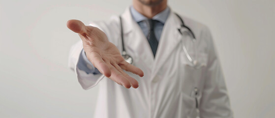 Doctor dressed in medical uniform reaching out hand towards the camera isolated on white background