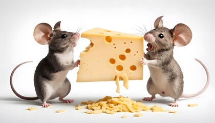 Two terrestrial organisms with whiskers and tails are standing next to each other, sharing a piece of cheese. They are not a dog breed, but rather carnivores with a snout