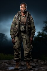 A portrait of a black female park ranger standing in a forest at night