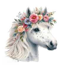 White horse in a flower wreath. Watercolor. Realistic animal isolated on white background. Close-up. Clip art. Hand drawn. Greeting card design