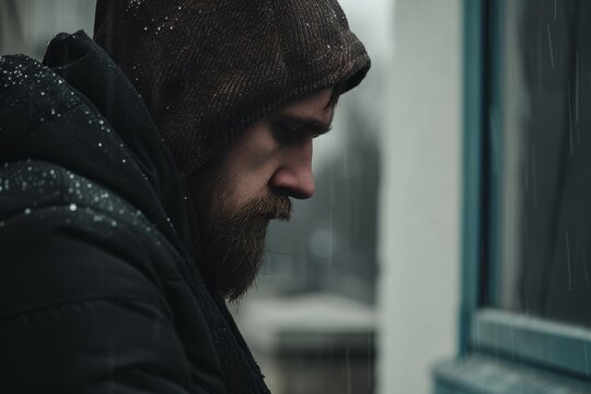 Man looking out the window on a rainy day