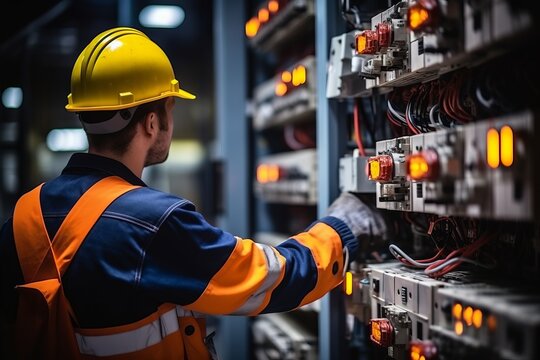 technician in hard hat inspecting electrical control panel