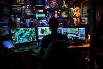 A hacker sits in a dark room surrounded by computer screens. - obrazy, fototapety, plakaty
