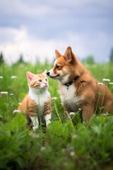 A ginger cat and a corgi puppy are sitting in a green field looking at each other