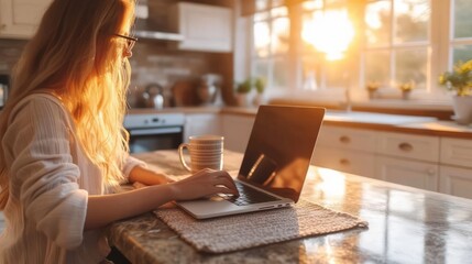 Woman working on laptop in home kitchen