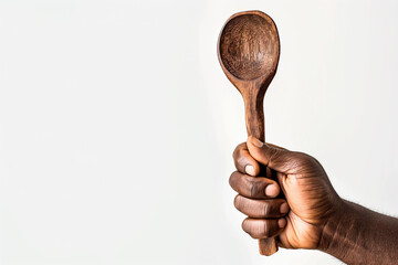 Close-up of a middle-aged dark skin man's right hand  holding a  rustic wooden spoon - obrazy, fototapety, plakaty