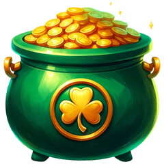 St Patricks Day pot of gold coins with shamrock, watercolor, celebration, isolated on transparent background