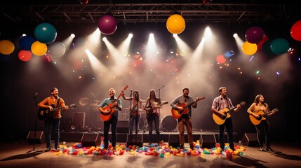 A group of people playing music on stage - obrazy, fototapety, plakaty