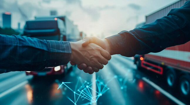 Smart logistics and transportation. Handshake for successful of investment deal teamwork and partnership business partners on logistic global network distribution. Business of transport industrial