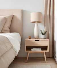 A bedroom with a bedside table and lamp close-up. A cozy interior of a private house or a modern...