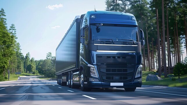 Front view of a modern european lorry truck in summer scenery,  truck color are navy