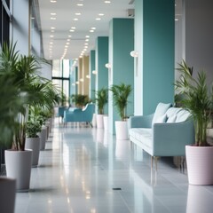 Blue and green modern hotel lobby interior with plants and comfortable seating