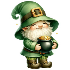 Cute happy gnome St Patricks Day leprechaun holding pot of gold coins, watercolor, celebration, isolated on transparent background