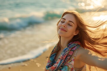 carefree woman closing eyes enjoying the gentle wind at beach