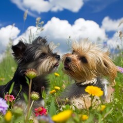 Two small dogs sniffing each other in a field of flowers