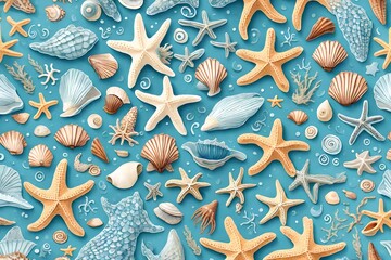 pattern with seashells, A delightful design unfolds with starfish, sea shells, and various shapes adorning a cute blue background