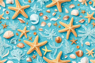 seamless pattern with starfishes, A delightful design unfolds with starfish, sea shells, and various shapes adorning a cute blue background