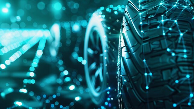 Tires And Technology Background, Hyperrealistic Design, Teal And White Color, Sense Of Future Technology Blue Toned Background