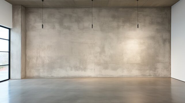 Three pendant lights hang from the ceiling of an empty room with a concrete wall and floor