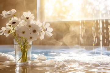 White flowers in a glass vase with spa water and flower petals - obrazy, fototapety, plakaty