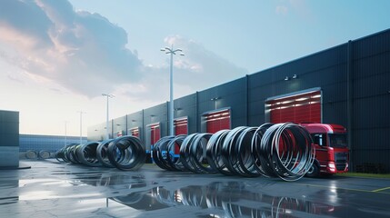 trucks loaded with steel wire rings in front of a modern warehouse - obrazy, fototapety, plakaty